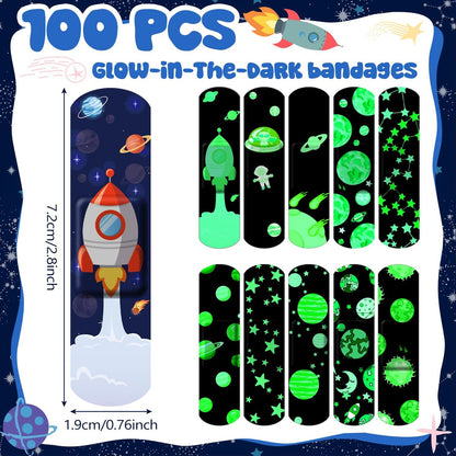 Threlaco 100 Stück Leuchtende Pflaster für Kinder – Niedliche, Atmungsaktive, Wasserdichte Neon-Pflaster für Jungen, Mädchen, Kleinkinder – Selbstklebend und Flexibel für Schnitte, Schrammen, Wunden (Weltraum)
