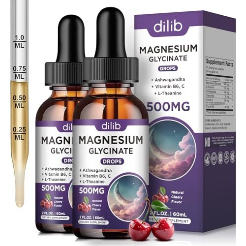 (2er Pack) Magnesiumglycinat flüssige Tropfen 500 mg, mit Vitamin B6, Ashwagandha, L-Theanin, Kamille – Magnesiumglycinat Nahrungsergänzungsmittel mit hoher Absorption für Schlaf, Stress, Energie, Stimmung – Kirschgeschmack