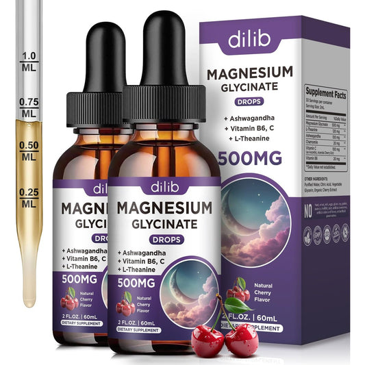 (2er Pack) Magnesiumglycinat flüssige Tropfen 500 mg, mit Vitamin B6, Ashwagandha, L-Theanin, Kamille – Magnesiumglycinat Nahrungsergänzungsmittel mit hoher Absorption für Schlaf, Stress, Energie, Stimmung – Kirschgeschmack