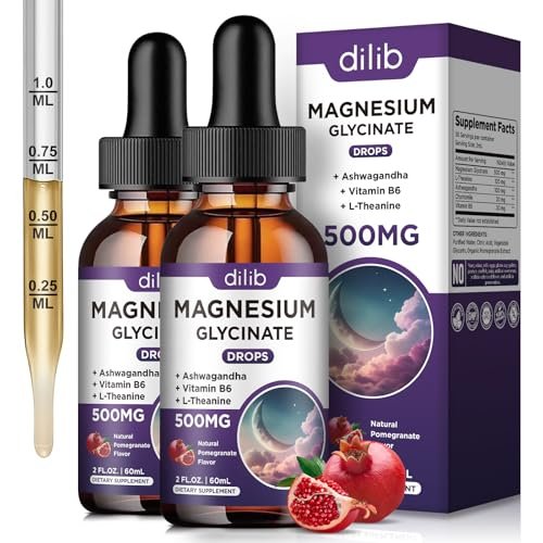 (2er-Pack) Magnesiumglycinat Flüssig Tropfen 500mg, mit Vitamin B6, Ashwagandha, L-Theanin, Kamille – Hochabsorbierendes Magnesiumpräparat für Schlaf, Stress, Energie – Pomegranate Geschmack