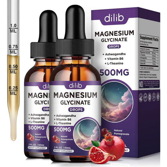 (2er-Pack) Magnesiumglycinat Flüssig Tropfen 500mg, mit Vitamin B6, Ashwagandha, L-Theanin, Kamille – Hochabsorbierendes Magnesiumpräparat für Schlaf, Stress, Energie – Pomegranate Geschmack