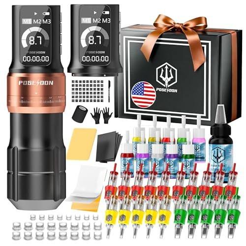Poseidon Tattoo Gun Kit Kabelloses Maschinen-Set mit 7 Hublängen, 2x 2300mAh Akkus, 11 Tattoofarben, 20 Patronen – Ideal für Anfänger und Künstler