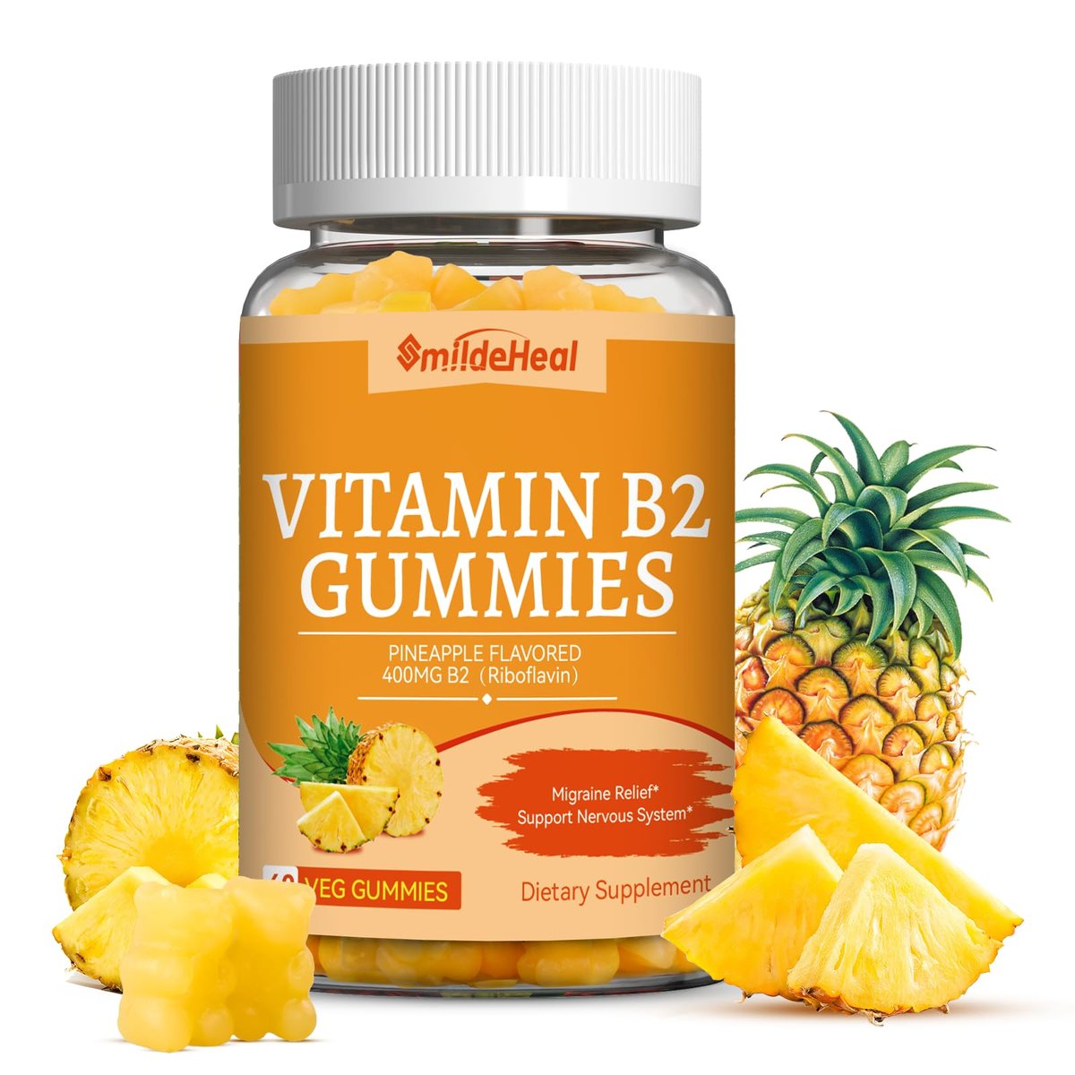 SmildeHeal Vitamin B2 Gummis mit Riboflavin 400 mg & Magnesium – Vegan, 60 Stück – Für Erwachsene zur Migräne Linderung und Unterstützung des Nervensystems