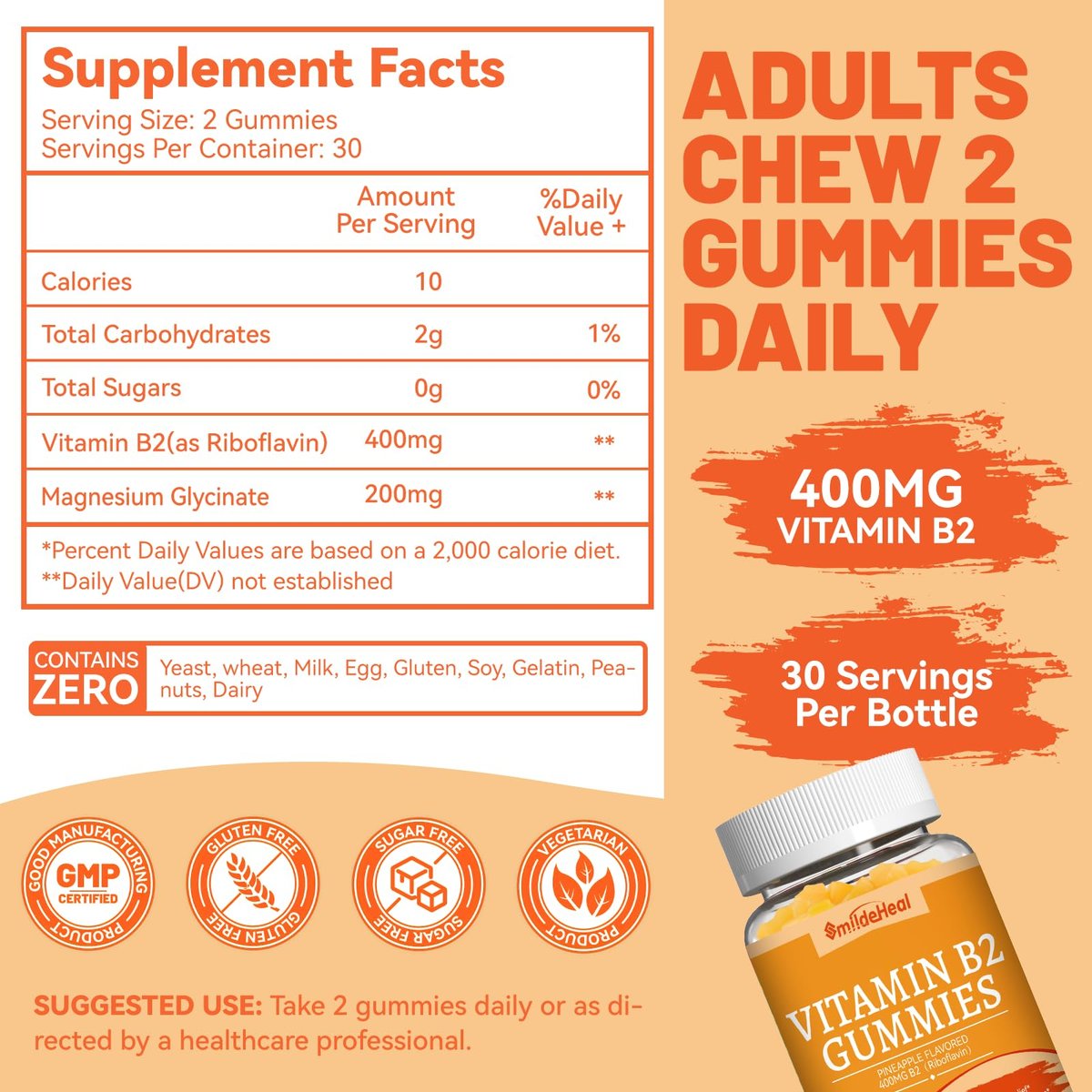 SmildeHeal Vitamin B2 Gummis mit Riboflavin 400 mg & Magnesium – Vegan, 60 Stück – Für Erwachsene zur Migräne Linderung und Unterstützung des Nervensystems