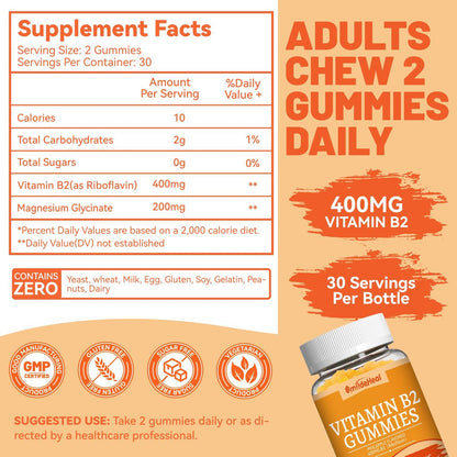 SmildeHeal Vitamin B2 Gummis mit Riboflavin 400 mg & Magnesium – Vegan, 60 Stück – Für Erwachsene zur Migräne Linderung und Unterstützung des Nervensystems
