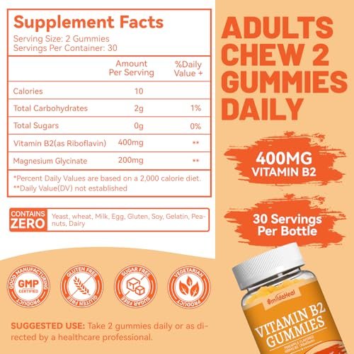 SmildeHeal Vitamin B2 Gummis mit Riboflavin 400 mg & Magnesium – Vegan, 60 Stück – Für Erwachsene zur Migräne Linderung und Unterstützung des Nervensystems