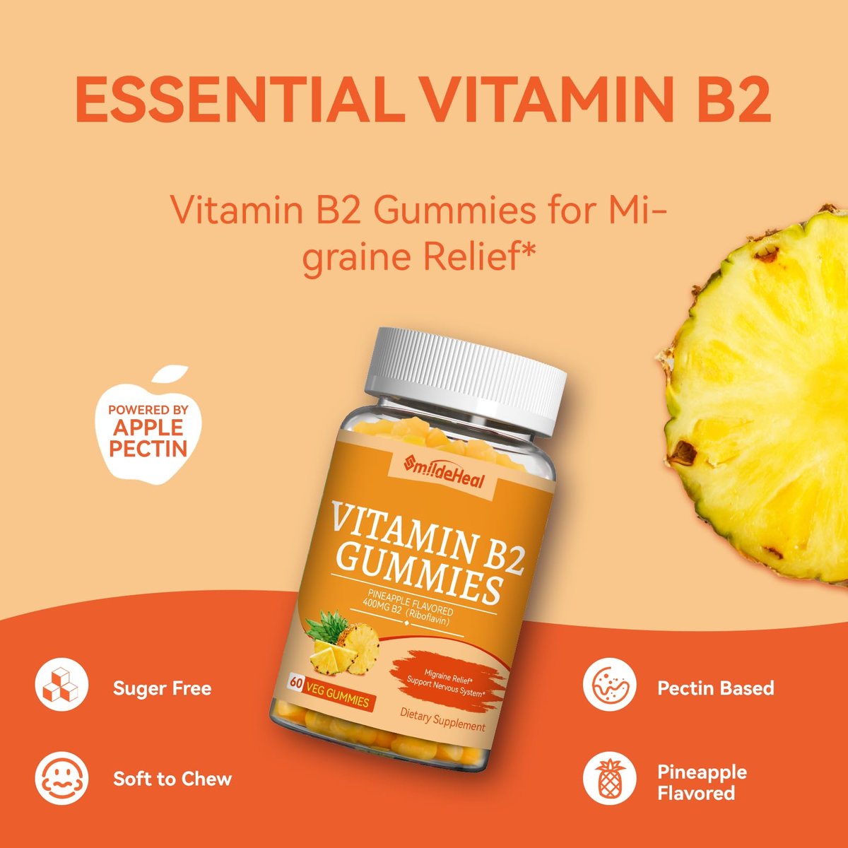 SmildeHeal Vitamin B2 Gummis mit Riboflavin 400 mg & Magnesium – Vegan, 60 Stück – Für Erwachsene zur Migräne Linderung und Unterstützung des Nervensystems