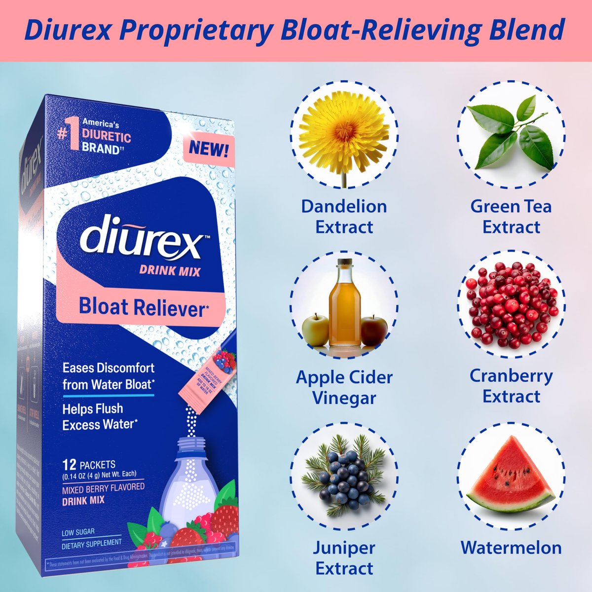 Diurex Drink Mix mit Löwenzahn, Grüntee- und ACV-Extrakten - Mischbeerengeschmack - Diuretikum zur Linderung von Blähungen und Wassergewicht - 12 Einzelportionen