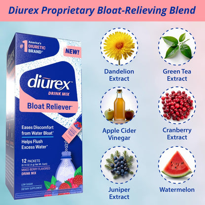Diurex Drink Mix mit Löwenzahn, Grüntee- und ACV-Extrakten - Mischbeerengeschmack - Diuretikum zur Linderung von Blähungen und Wassergewicht - 12 Einzelportionen