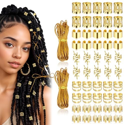 Tyqour 50-teiliger Gold-Haarschmuck – Zubehör für Zöpfe mit 2x 5m Schnüren, verstellbaren Ringen, Manschetten, Charms und Perlen für Männer und Frauen
