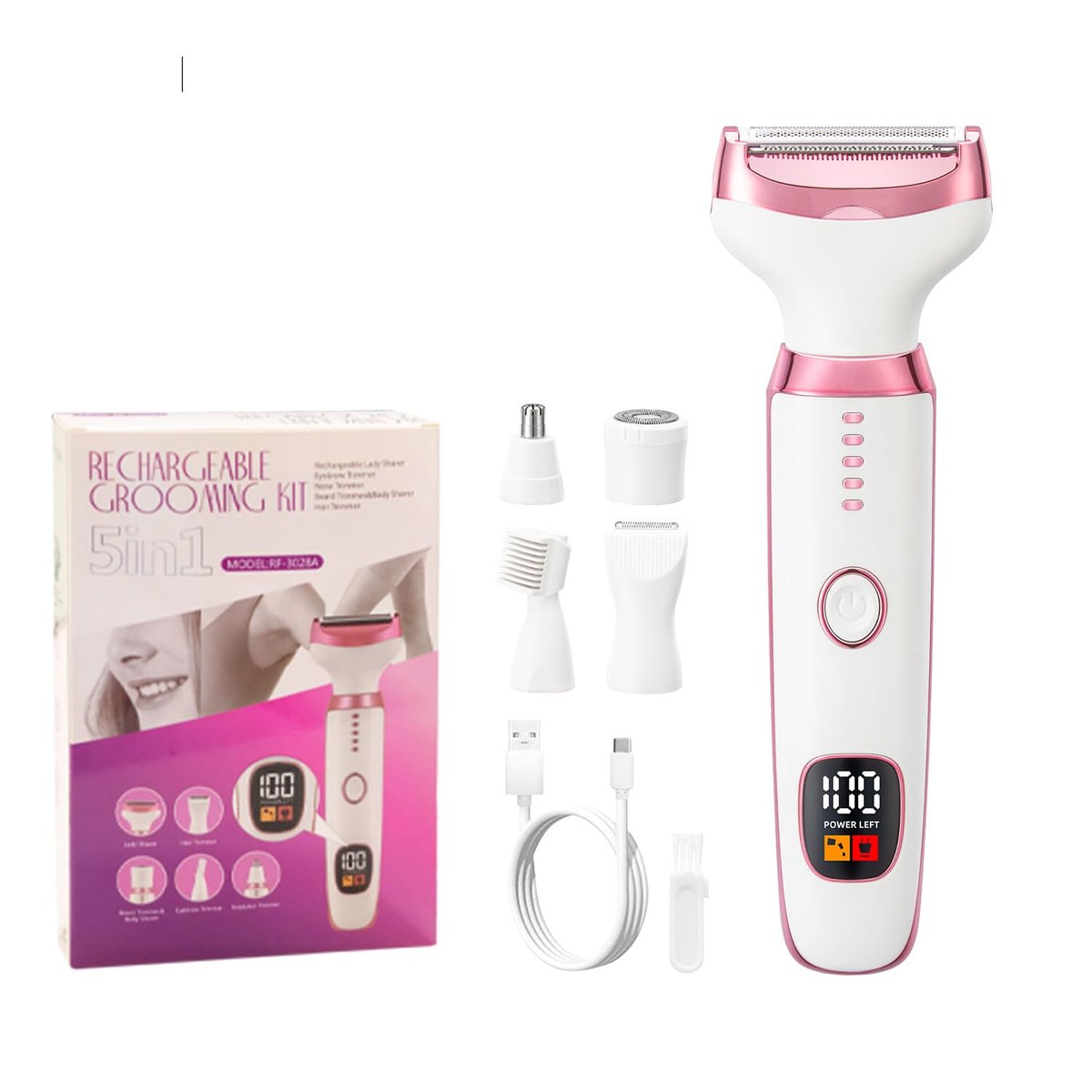 Ourcec Elektrischer Rasierer für Frauen – 5-in-1 Bikini-Trimmer & Gesichtsrasierer für schmerzfreie Haarentfernung (Nass/Trocken, Pink)