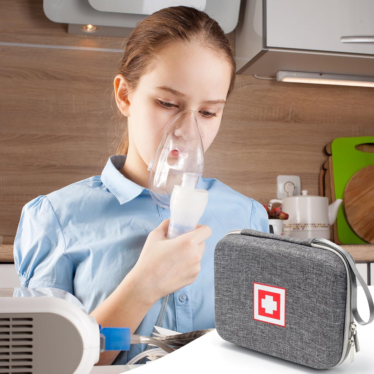 Schutzhülle für tragbaren Vernebler, Reise-Medizintasche mit Hartschale für Inhaliergerät, Masken, Asthma-Zubehör, Notfall-Medikamenten-Aufbewahrungstasche für Kinder und Erwachsene (Grau)