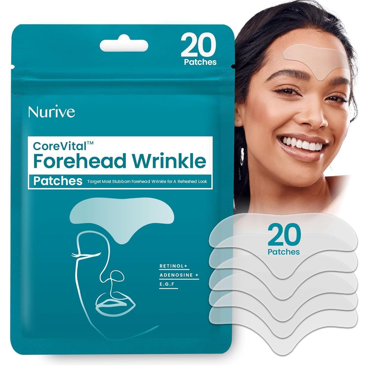 NURIVE Advanced Faltenpflaster 20 Stück – Smile Line, Stirnfalten, Frown Line – Unsichtbare Gesichtspflaster über Nacht mit Retinol & Kollagen (Groß (Stirn))