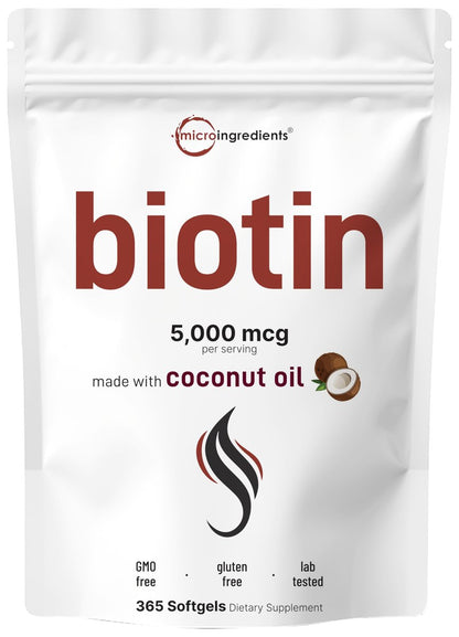 Micro Ingredients Biotin 5.000 mcg | 365 Weichkapseln mit Virgin Kokosnussöl, Schnelle Freisetzung, Jahresvorrat | Unterstützt gesundes Haar, Haut & Nägel | Nicht-GMO, Ohne Gluten