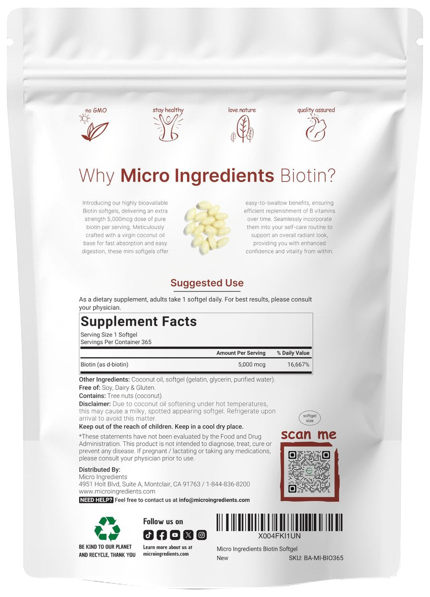 Micro Ingredients Biotin 5.000 mcg | 365 Weichkapseln mit Virgin Kokosnussöl, Schnelle Freisetzung, Jahresvorrat | Unterstützt gesundes Haar, Haut & Nägel | Nicht-GMO, Ohne Gluten