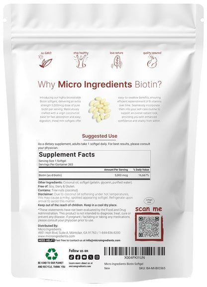 Micro Ingredients Biotin 5.000 mcg | 365 Weichkapseln mit Virgin Kokosnussöl, Schnelle Freisetzung, Jahresvorrat | Unterstützt gesundes Haar, Haut & Nägel | Nicht-GMO, Ohne Gluten