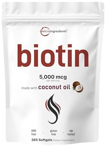 Micro Ingredients Biotin 5.000 mcg | 365 Weichkapseln mit Virgin Kokosnussöl, Schnelle Freisetzung, Jahresvorrat | Unterstützt gesundes Haar, Haut & Nägel | Nicht-GMO, Ohne Gluten