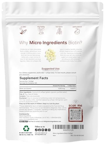 Micro Ingredients Biotin 5.000 mcg | 365 Weichkapseln mit Virgin Kokosnussöl, Schnelle Freisetzung, Jahresvorrat | Unterstützt gesundes Haar, Haut & Nägel | Nicht-GMO, Ohne Gluten