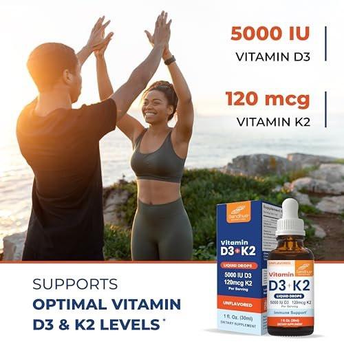 Sandhu's Vitamin D3 K2 Tropfen für Erwachsene | 5000 IE D3 flüssig, 120 µg K2 Nahrungsergänzungsmittel 1 Fl Oz (1er-Pack) | D3K2 unterstützt optimale Aufnahme, Energie, Immunsystem, Muskelfunktion für Männer & Frauen