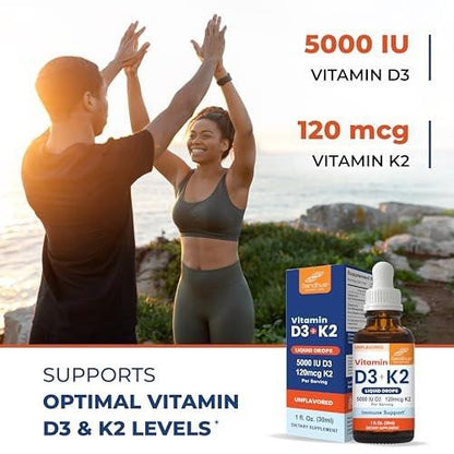 Sandhu's Vitamin D3 K2 Tropfen für Erwachsene | 5000 IE D3 flüssig, 120 µg K2 Nahrungsergänzungsmittel 1 Fl Oz (1er-Pack) | D3K2 unterstützt optimale Aufnahme, Energie, Immunsystem, Muskelfunktion für Männer & Frauen