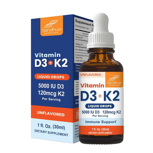Sandhu's Vitamin D3 K2 Tropfen für Erwachsene | 5000 IE D3 flüssig, 120 µg K2 Nahrungsergänzungsmittel 1 Fl Oz (1er-Pack) | D3K2 unterstützt optimale Aufnahme, Energie, Immunsystem, Muskelfunktion für Männer & Frauen