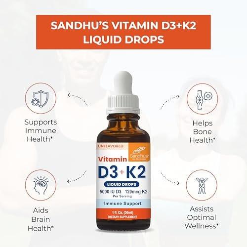 Sandhu's Vitamin D3 K2 Tropfen für Erwachsene | 5000 IE D3 flüssig, 120 µg K2 Nahrungsergänzungsmittel 1 Fl Oz (1er-Pack) | D3K2 unterstützt optimale Aufnahme, Energie, Immunsystem, Muskelfunktion für Männer & Frauen