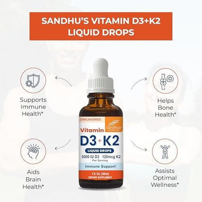 Sandhu's Vitamin D3 K2 Tropfen für Erwachsene | 5000 IE D3 flüssig, 120 µg K2 Nahrungsergänzungsmittel 1 Fl Oz (1er-Pack) | D3K2 unterstützt optimale Aufnahme, Energie, Immunsystem, Muskelfunktion für Männer & Frauen