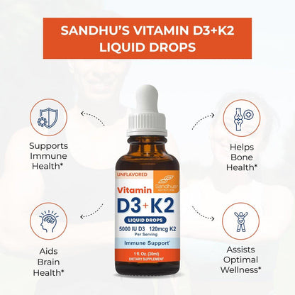 Sandhu's Vitamin D3 K2 Tropfen für Erwachsene | 5000 IE D3 flüssig, 120 µg K2 Nahrungsergänzungsmittel 1 Fl Oz (1er-Pack) | D3K2 unterstützt optimale Aufnahme, Energie, Immunsystem, Muskelfunktion für Männer & Frauen