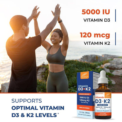Sandhu's Vitamin D3 K2 Tropfen für Erwachsene | 5000 IE D3 flüssig, 120 µg K2 Nahrungsergänzungsmittel 1 Fl Oz (1er-Pack) | D3K2 unterstützt optimale Aufnahme, Energie, Immunsystem, Muskelfunktion für Männer & Frauen