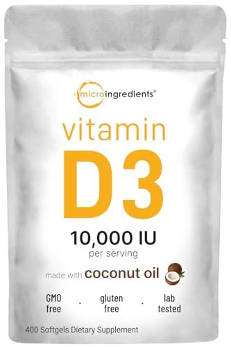 Micro Ingredients Vitamin D3 10.000 IE, 400 Weichkapseln | Mit Virgin Kokosöl | Cholecalciferol | Für Knochen, Immunsystem & Herz | Leicht zu schlucken, Nicht-GVO