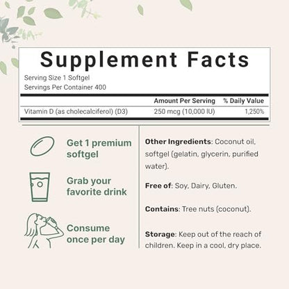 Micro Ingredients Vitamin D3 10.000 IE, 400 Weichkapseln | Mit Virgin Kokosöl | Cholecalciferol | Für Knochen, Immunsystem & Herz | Leicht zu schlucken, Nicht-GVO