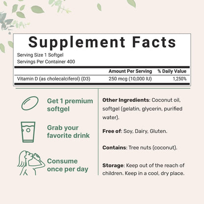 Micro Ingredients Vitamin D3 10.000 IE, 400 Weichkapseln | Mit Virgin Kokosöl | Cholecalciferol | Für Knochen, Immunsystem & Herz | Leicht zu schlucken, Nicht-GVO