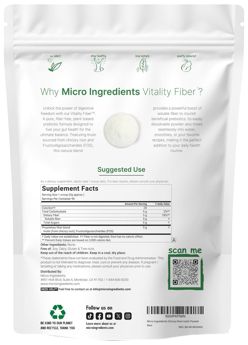 Micro Ingredients Vitality Prebiotische Faserpulver, 450g | Einfach zu mischendes Pulver für Verdauungs- und Darmgesundheit | Tägliches präbiotisches lösliches Ballaststoffpräparat für Frauen und Männer | Ungeschmackvoll, zuckerfrei & vegan