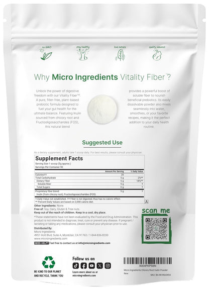 Micro Ingredients Vitality Prebiotische Faserpulver, 450g | Einfach zu mischendes Pulver für Verdauungs- und Darmgesundheit | Tägliches präbiotisches lösliches Ballaststoffpräparat für Frauen und Männer | Ungeschmackvoll, zuckerfrei & vegan