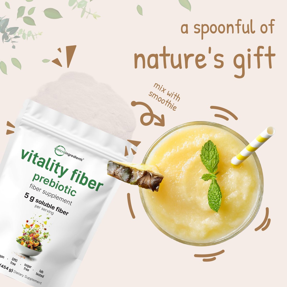 Micro Ingredients Vitality Prebiotische Faserpulver, 450g | Einfach zu mischendes Pulver für Verdauungs- und Darmgesundheit | Tägliches präbiotisches lösliches Ballaststoffpräparat für Frauen und Männer | Ungeschmackvoll, zuckerfrei & vegan