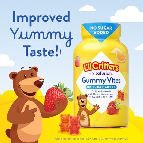 L’il Critters Gummy Vites ohne Zuckerzusatz – Tägliches Gummimultivitamin für Kleinkinder & Kinder ab 2 Jahren, mit Vitamin C & D3 für das Immunsystem, Erdbeer- und Orangen-Geschmack, 100 Gummis