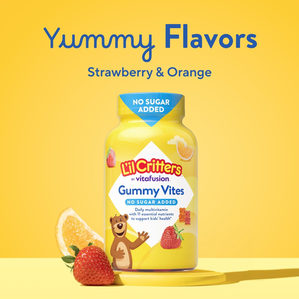 L’il Critters Gummy Vites ohne Zuckerzusatz – Tägliches Gummimultivitamin für Kleinkinder & Kinder ab 2 Jahren, mit Vitamin C & D3 für das Immunsystem, Erdbeer- und Orangen-Geschmack, 100 Gummis