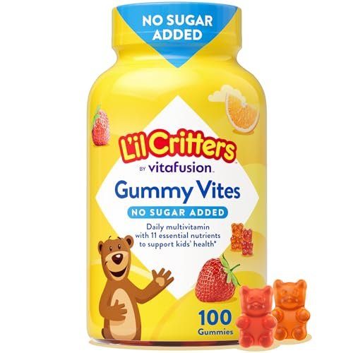 L’il Critters Gummy Vites ohne Zuckerzusatz – Tägliches Gummimultivitamin für Kleinkinder & Kinder ab 2 Jahren, mit Vitamin C & D3 für das Immunsystem, Erdbeer- und Orangen-Geschmack, 100 Gummis