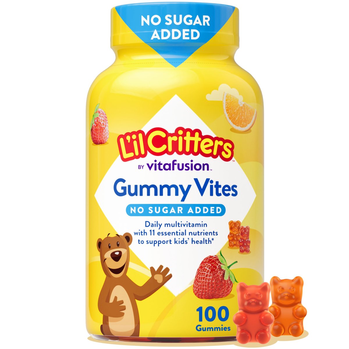 L’il Critters Gummy Vites ohne Zuckerzusatz – Tägliches Gummimultivitamin für Kleinkinder & Kinder ab 2 Jahren, mit Vitamin C & D3 für das Immunsystem, Erdbeer- und Orangen-Geschmack, 100 Gummis
