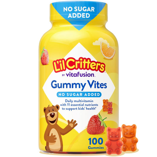 L’il Critters Gummy Vites ohne Zuckerzusatz – Tägliches Gummimultivitamin für Kleinkinder & Kinder ab 2 Jahren, mit Vitamin C & D3 für das Immunsystem, Erdbeer- und Orangen-Geschmack, 100 Gummis