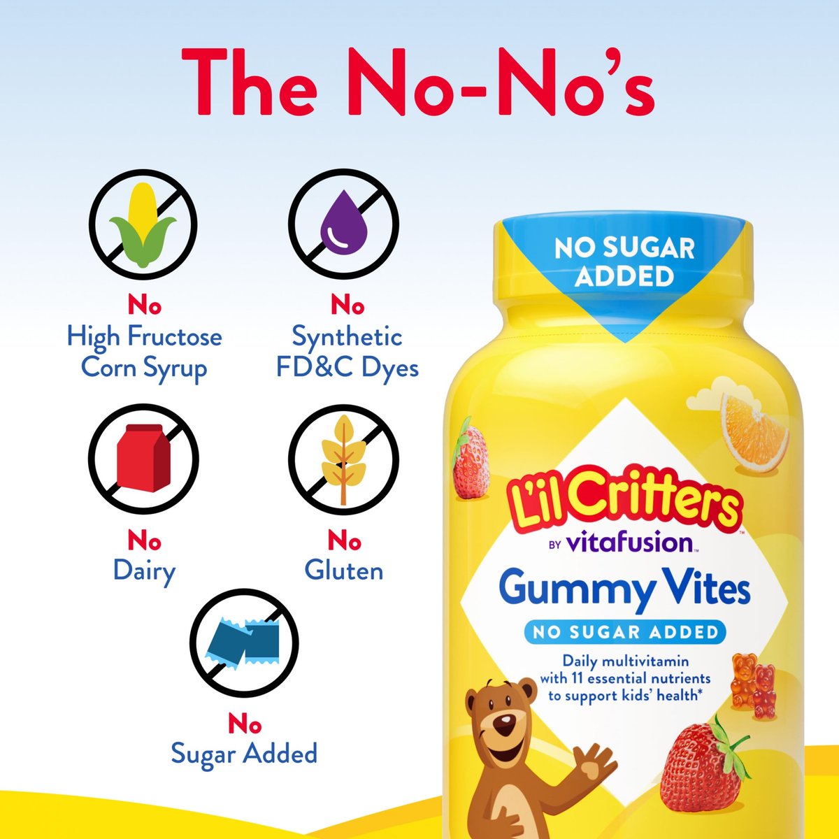 L’il Critters Gummy Vites ohne Zuckerzusatz – Tägliches Gummimultivitamin für Kleinkinder & Kinder ab 2 Jahren, mit Vitamin C & D3 für das Immunsystem, Erdbeer- und Orangen-Geschmack, 100 Gummis