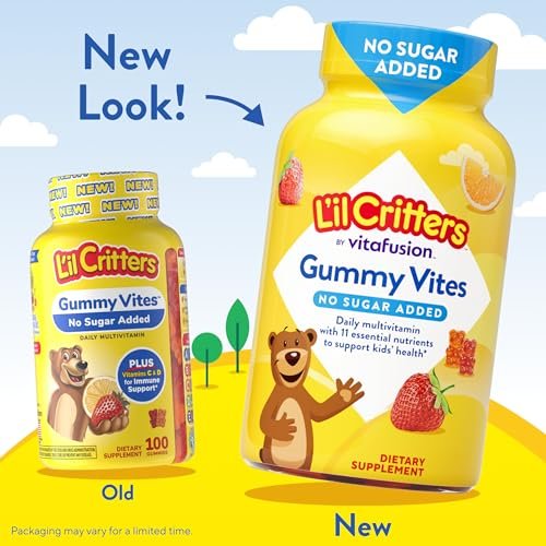 L’il Critters Gummy Vites ohne Zuckerzusatz – Tägliches Gummimultivitamin für Kleinkinder & Kinder ab 2 Jahren, mit Vitamin C & D3 für das Immunsystem, Erdbeer- und Orangen-Geschmack, 100 Gummis