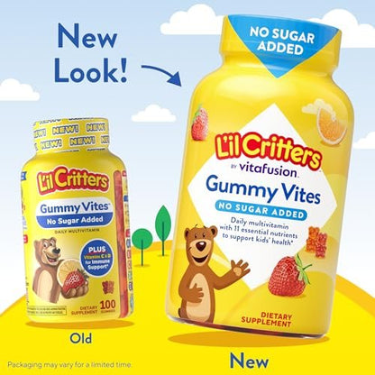 L’il Critters Gummy Vites ohne Zuckerzusatz – Tägliches Gummimultivitamin für Kleinkinder & Kinder ab 2 Jahren, mit Vitamin C & D3 für das Immunsystem, Erdbeer- und Orangen-Geschmack, 100 Gummis
