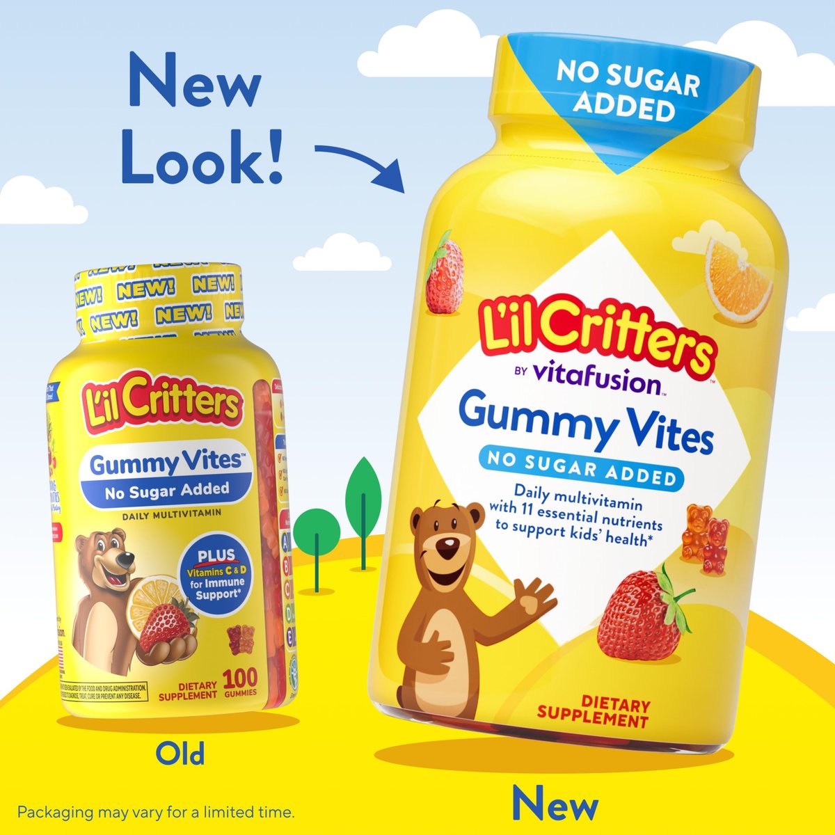 L’il Critters Gummy Vites ohne Zuckerzusatz – Tägliches Gummimultivitamin für Kleinkinder & Kinder ab 2 Jahren, mit Vitamin C & D3 für das Immunsystem, Erdbeer- und Orangen-Geschmack, 100 Gummis