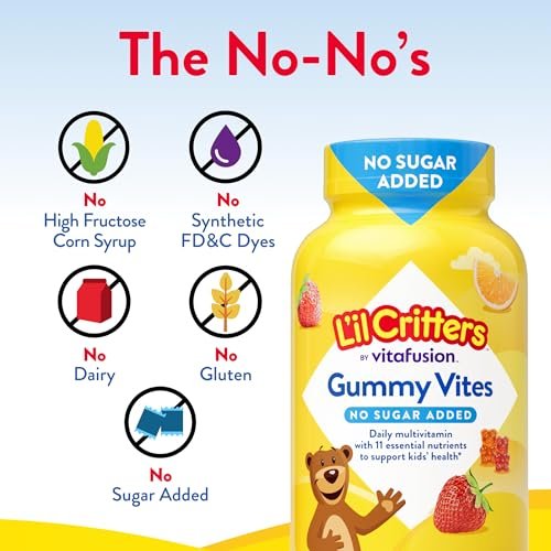 L’il Critters Gummy Vites ohne Zuckerzusatz – Tägliches Gummimultivitamin für Kleinkinder & Kinder ab 2 Jahren, mit Vitamin C & D3 für das Immunsystem, Erdbeer- und Orangen-Geschmack, 100 Gummis