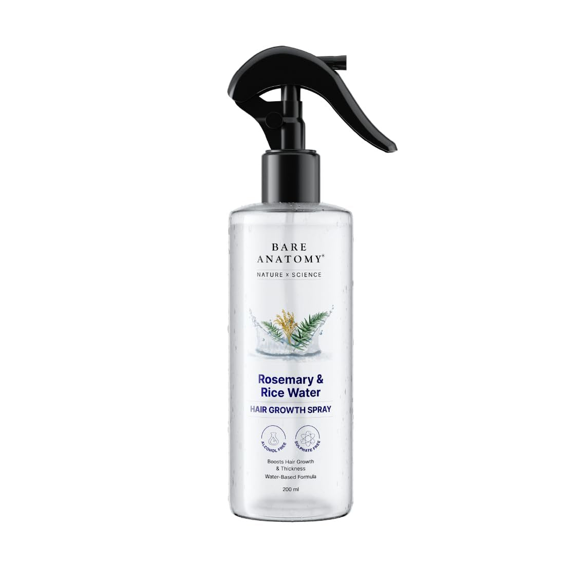 Bare Anatomy Nature x Science Rosmarinwasser-Spray für Haarwachstum & Haardichte mit Reiswasser | 100 % natürlicher Extrakt | Weiches & glattes Haar | Kontrolliert Haarausfall | Nicht fettend & schnell einziehend | 200 ml