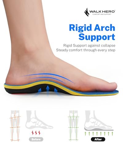 WalkHero Heavy Duty High Arch Support Einlegesohlen, 220+ lbs Hohe Fußgewölbeunterstützung Orthotische Einlagen für Plantarfasziitis, Plattfüße, Pronation und Fersenschmerz (Herren 10-10,5 | Damen 12-12,5, Gletscherblau)