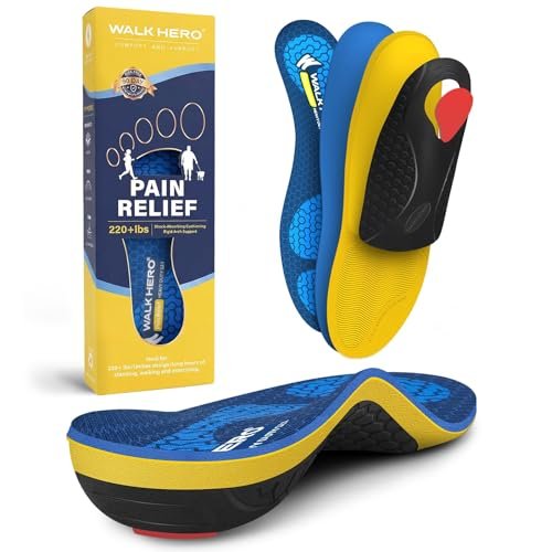 WalkHero Heavy Duty High Arch Support Einlegesohlen, 220+ lbs Hohe Fußgewölbeunterstützung Orthotische Einlagen für Plantarfasziitis, Plattfüße, Pronation und Fersenschmerz (Herren 10-10,5 | Damen 12-12,5, Gletscherblau)