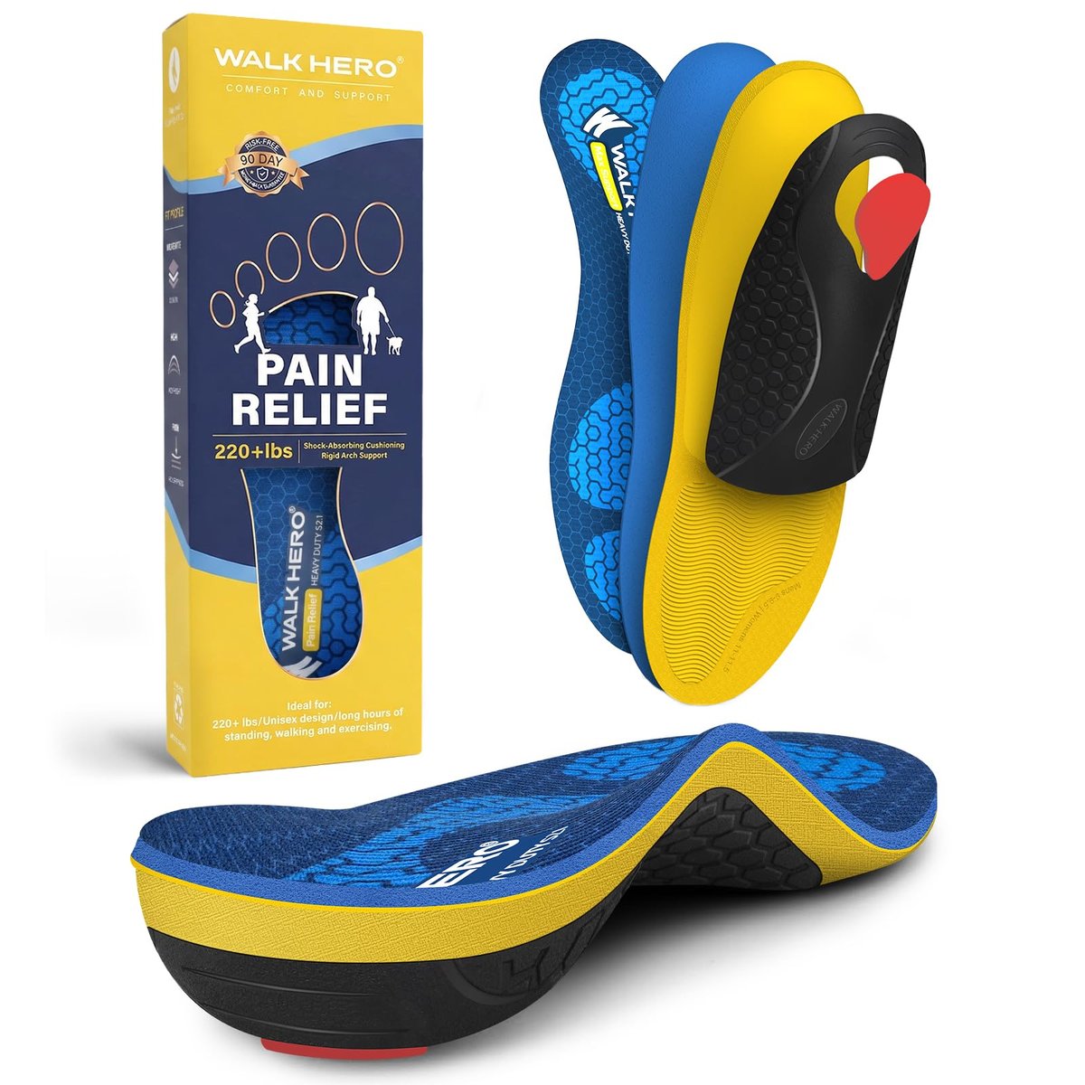 WalkHero Schwere Stützeinlagen für Herren und Damen, 220+ lbs Plantarfasziitis Orthotics Einlagen für Schmerzlinderung, Plattfüße Orthopädische Einlagen mit Polsterung (Größe Männer 12-12.5 | Frauen 14-14.5, Gletscherblau)