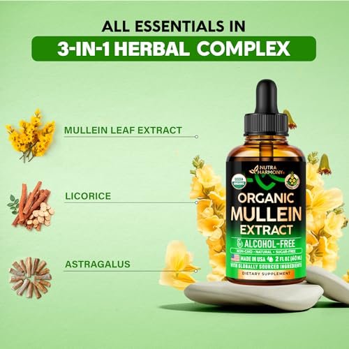 Mullein Drops für die Lunge - USDA Bio Flüssig - Mullein Blattextrakt für Frauen & Männer - Lungen- & Bronchialreinigung für Raucher - Unterstützung der Atemwegsgesundheit - als Tinktur, Tee, Pillen - 60 ml